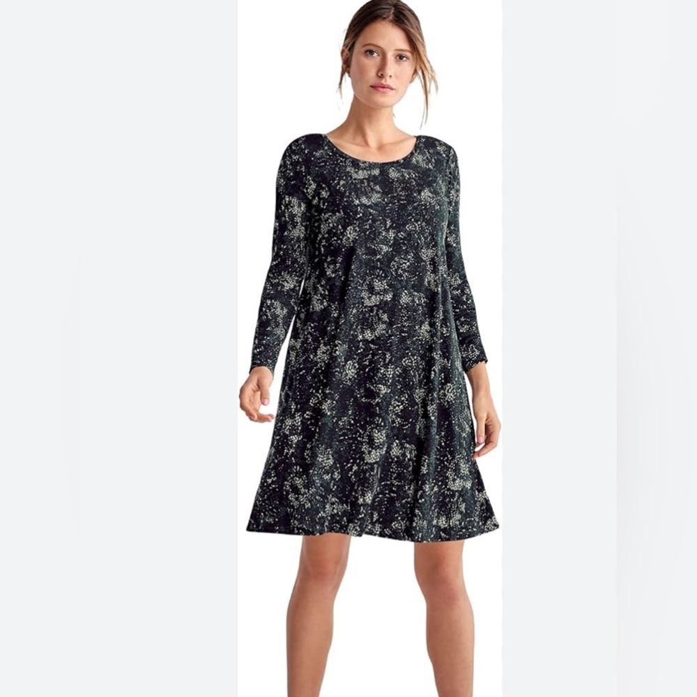 Ellos long sleeve black green and white print knit shift dress size large NWOT